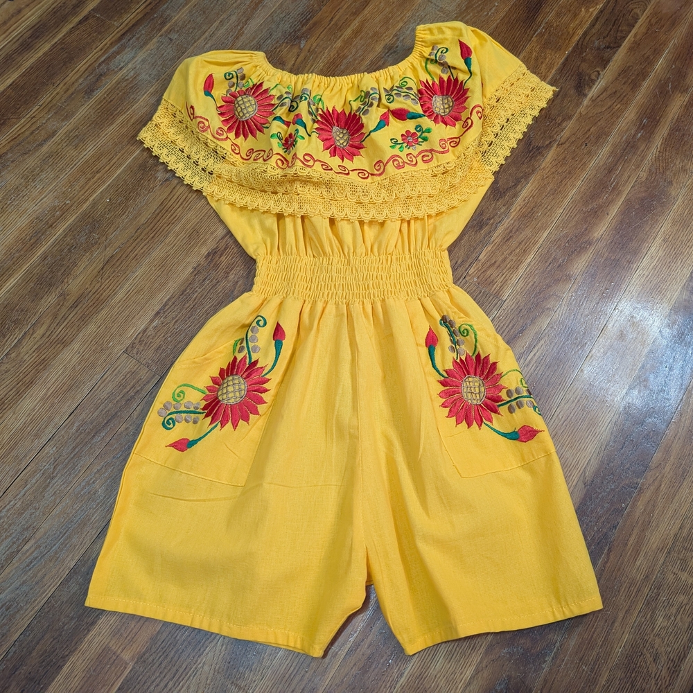 Mexican Boho Embroidered Off Shoulder Yellow Floral Sunflower Jumpsuit w/Pockets